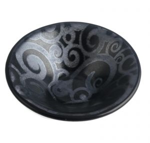 Black fused glass bowl with metallic silver irid swirl design