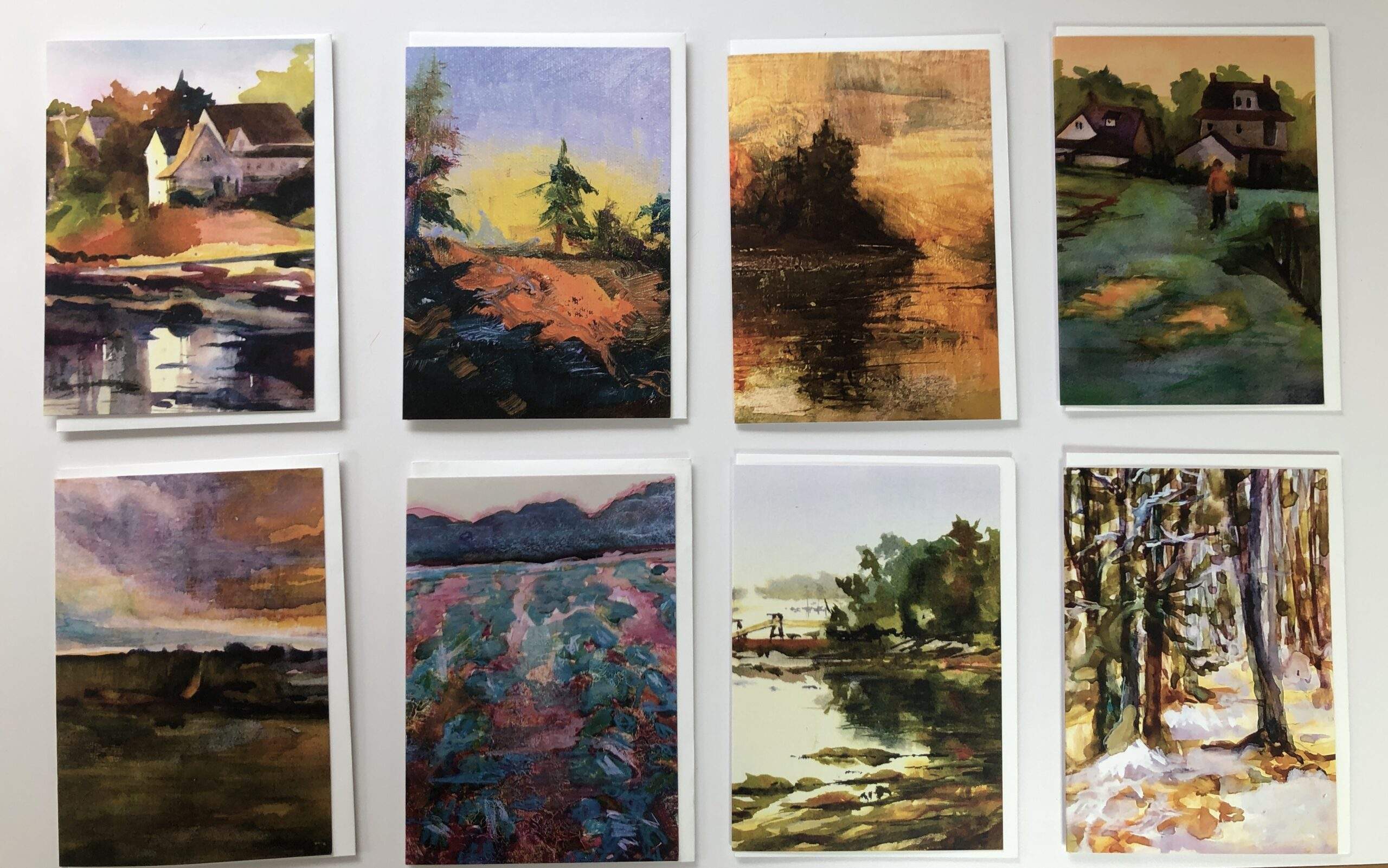 Eight Landscape Painting Blank Notecards with white envelopes.